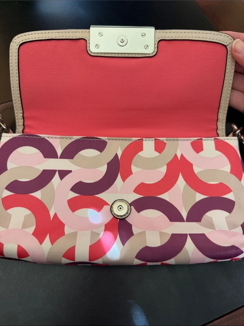 Coach Pink Red Purple Geometric Wristlet with Beige Trim